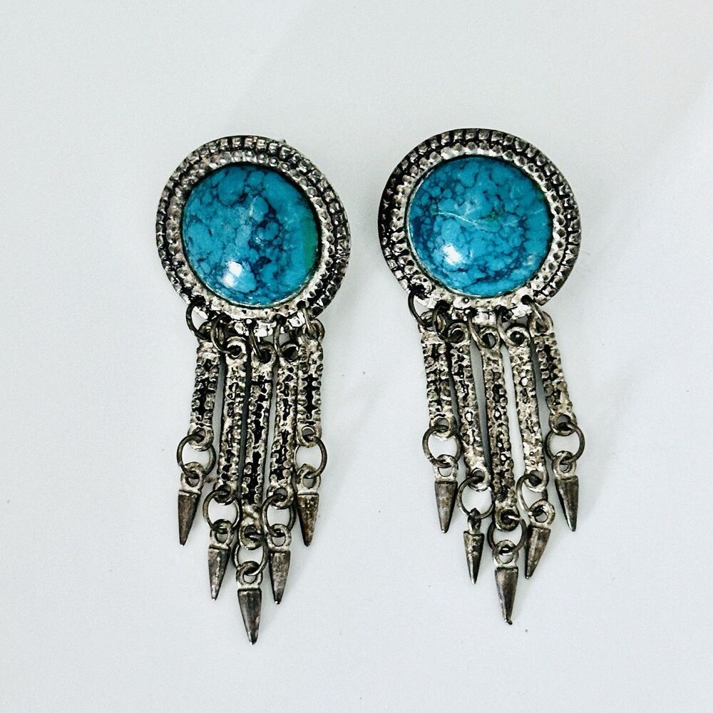 Vintage 90’s Silver Turquoise Chandelier Dangle Earrings Western Southwestern - Picture 4 of 6